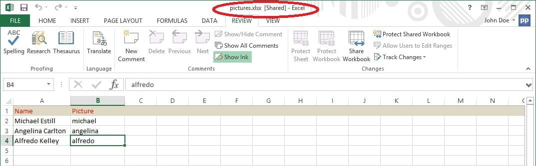 excel header now shows that it is shared