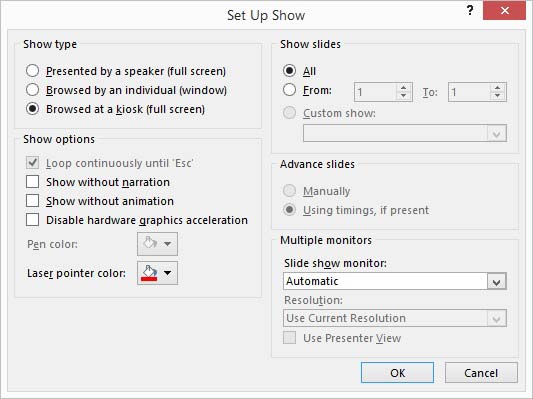 prepare slide show settings and kiosk mode for continuous playback