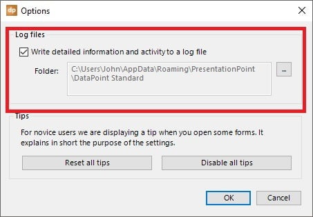 datapoint log files options