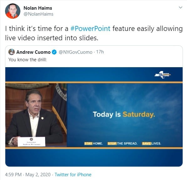 Nolan Haims tweets about live video into slides