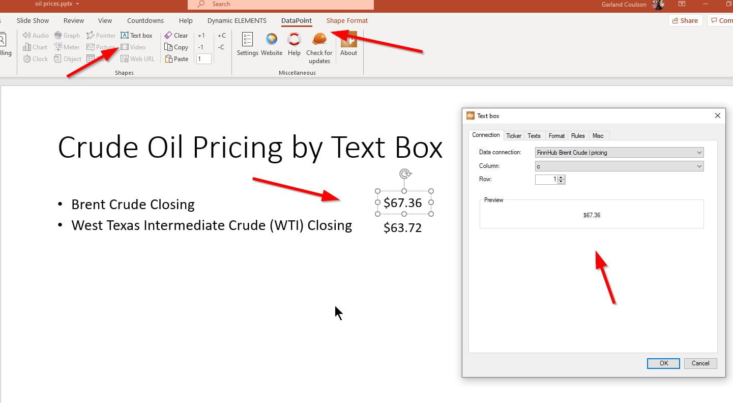 crude oil price using text boxes in PowerPoint