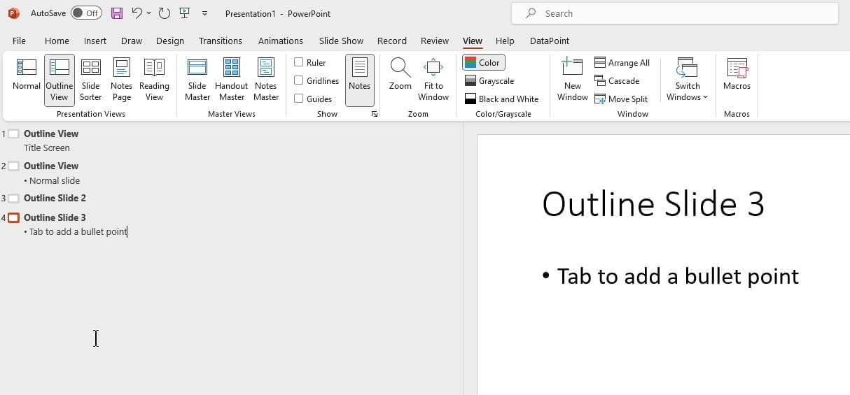 powerpoint outline view